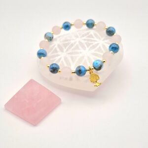Bracelet en Quartz Rose mat et Apatite avec Arbre de Vie doré