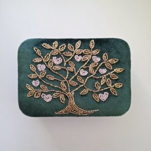 Coffret à Bijoux / Tarot Velours Vert avec Arbre de Vie et Cœurs